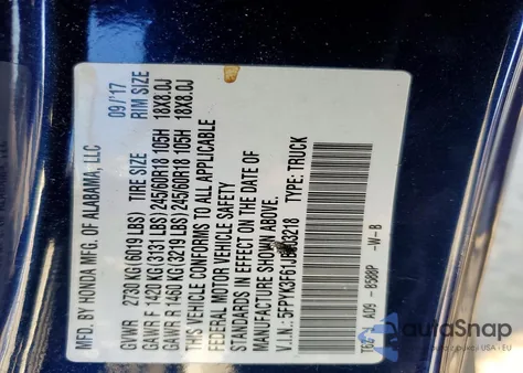 2018 Honda Ridgeline Rtl z USA, uszkodzony, nr VIN 5FPYK3F61JB003218